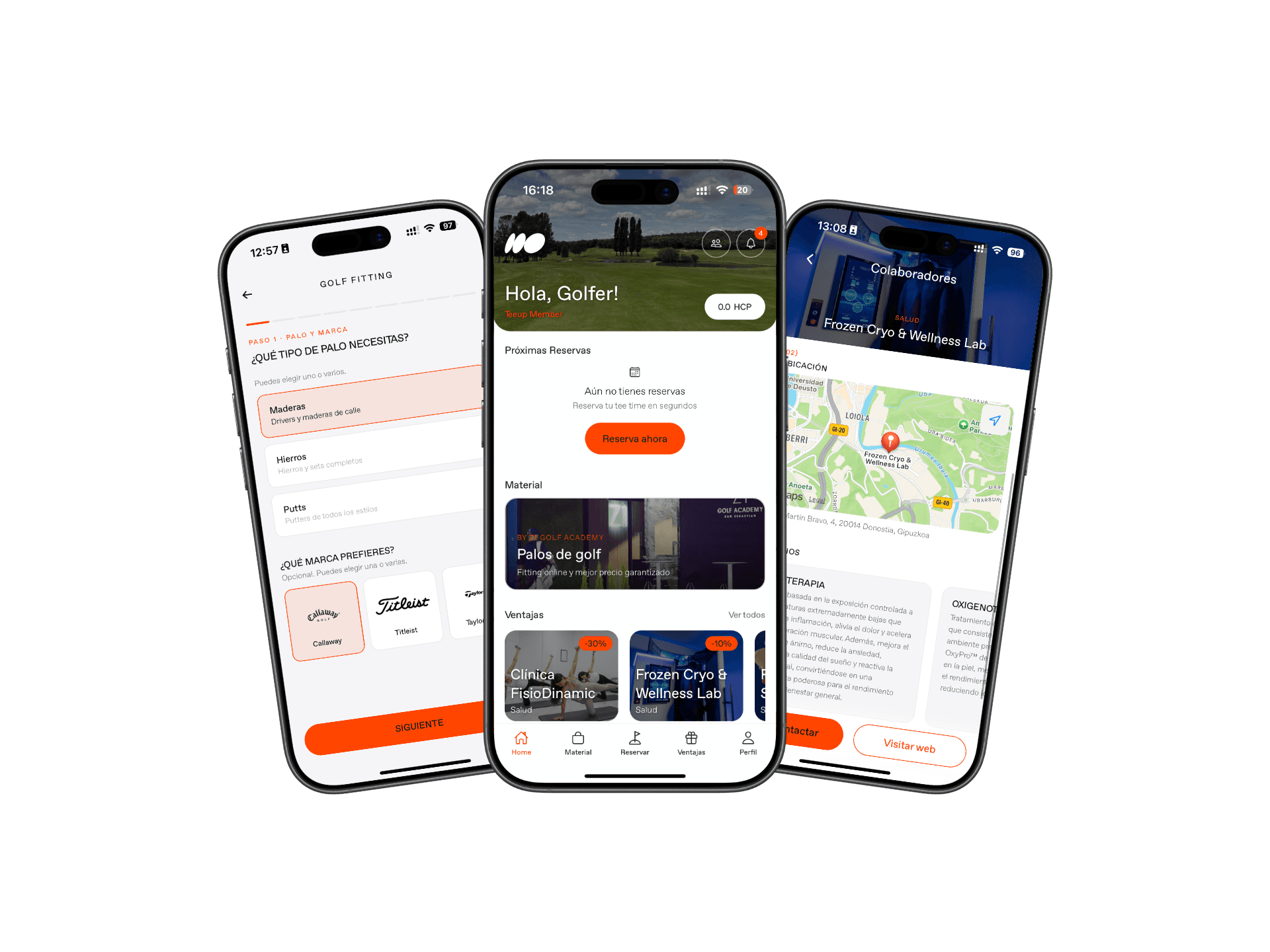 Teeup app screens: club fitting, home and partners