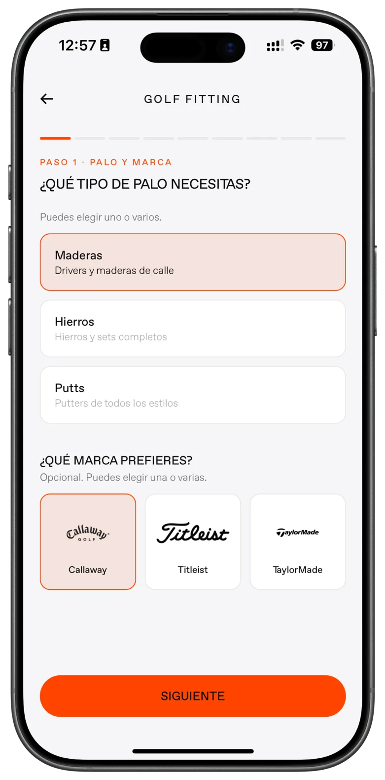 Formulario de fitting en la app: elección de tipo de palo y marca