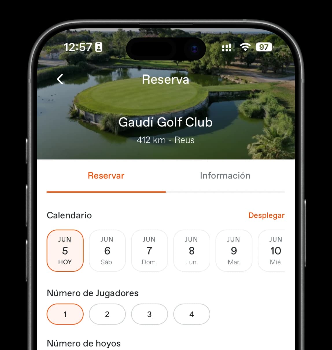 Pantalla de reserva: calendario y número de jugadores